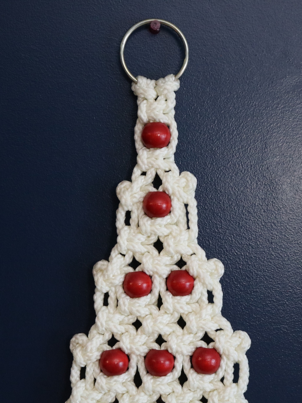 Vintage Cream Macramé Christmas Tree with Red Bead Accents - Picture 3 of 7